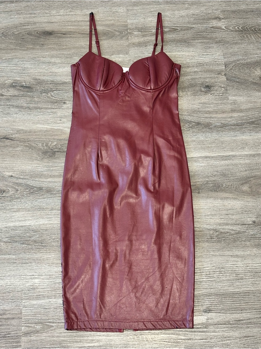 Sleeveless Burgundy Faux Leather Midi Dress with Bustier Bodice